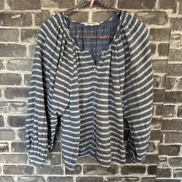 Emerson Fry FRANCES BLOUSE BLUE IVORY SAILOR STRIPE shirt top button front - Picture 2 of 11